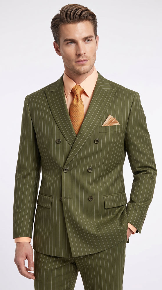 Men’s Olive Green Pinstripe Double-Breasted Suit – Classic Wedding, Business and Formal Suit