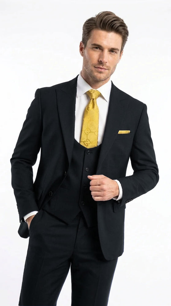 Vitali Men's Modern Fit 3-Piece Black Suit – 2-Button Jacket with Scoop Neck Vest