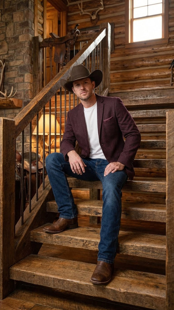 Men’s Burgundy Western  Blazer Jacket, Textured Cowboy Style Sport Coat for  - Tweed Herringbone Maroon Color