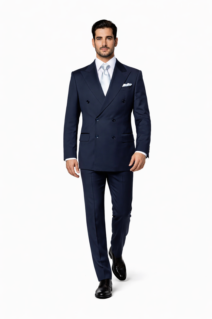 Rossiman Men’s Navy Wool Suit – Classic Fit with Baggy Pleated Wide-Leg Trousers
