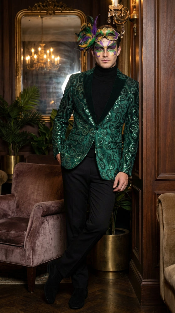 Mens Emerald Green Mardi Gras Blazer with Black Satin Lapel – Paisley Swirl Pattern Formal Party Jacket