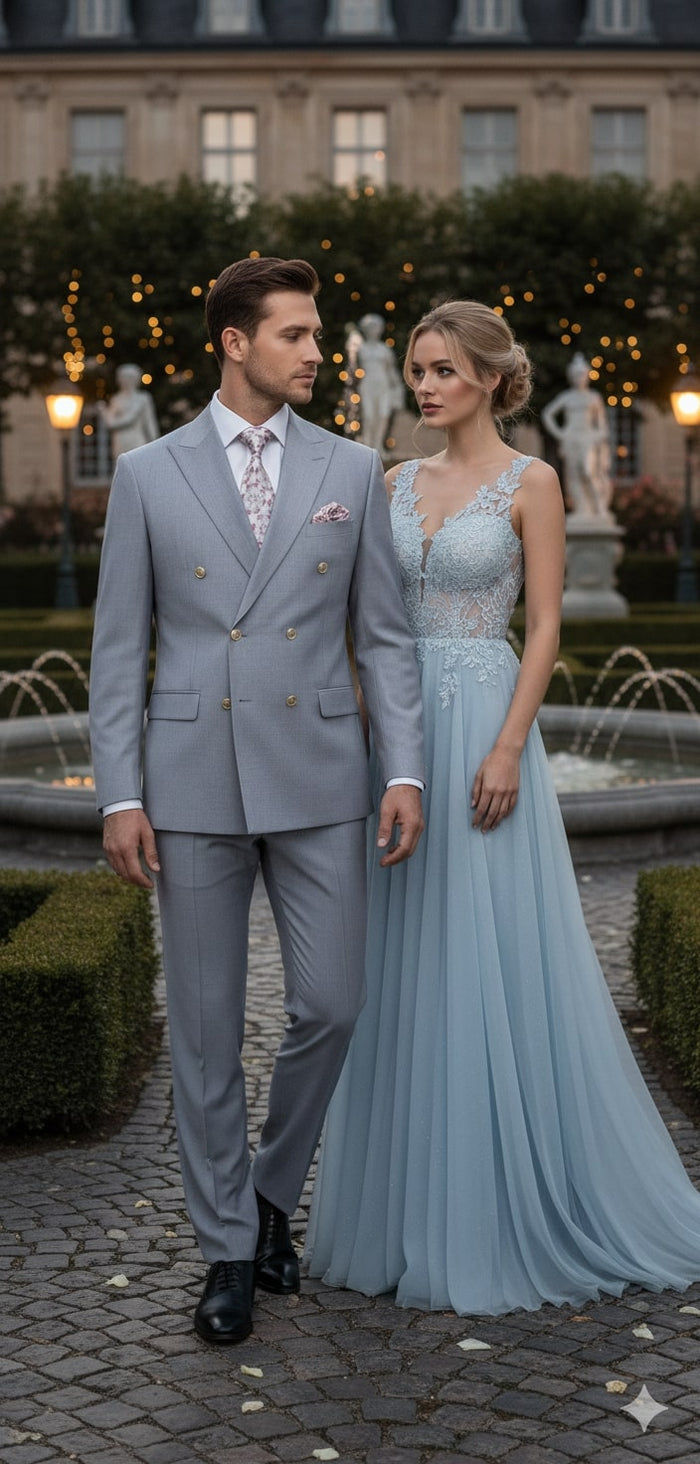 Mens Silver Grey Double-Breasted 3-Piece Suit – Classic Tailored Fit with Peak Lapel and Gold Buttons for Weddings, Church and Formal Events