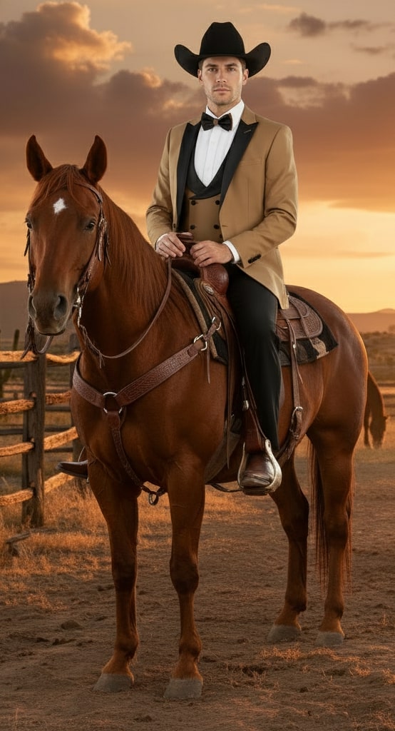 Mens Western Cowboy Tuxedo – Tan and Black 3-Piece Suit with Satin Lapel and Vest in Mocca Coffee Color