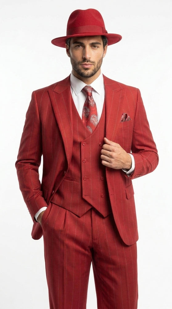 Men’s Red & White Pinstripe 3-Piece Suit by Mazari – Peak Lapel Classic Fit Gangster Suit with Pleated Pants