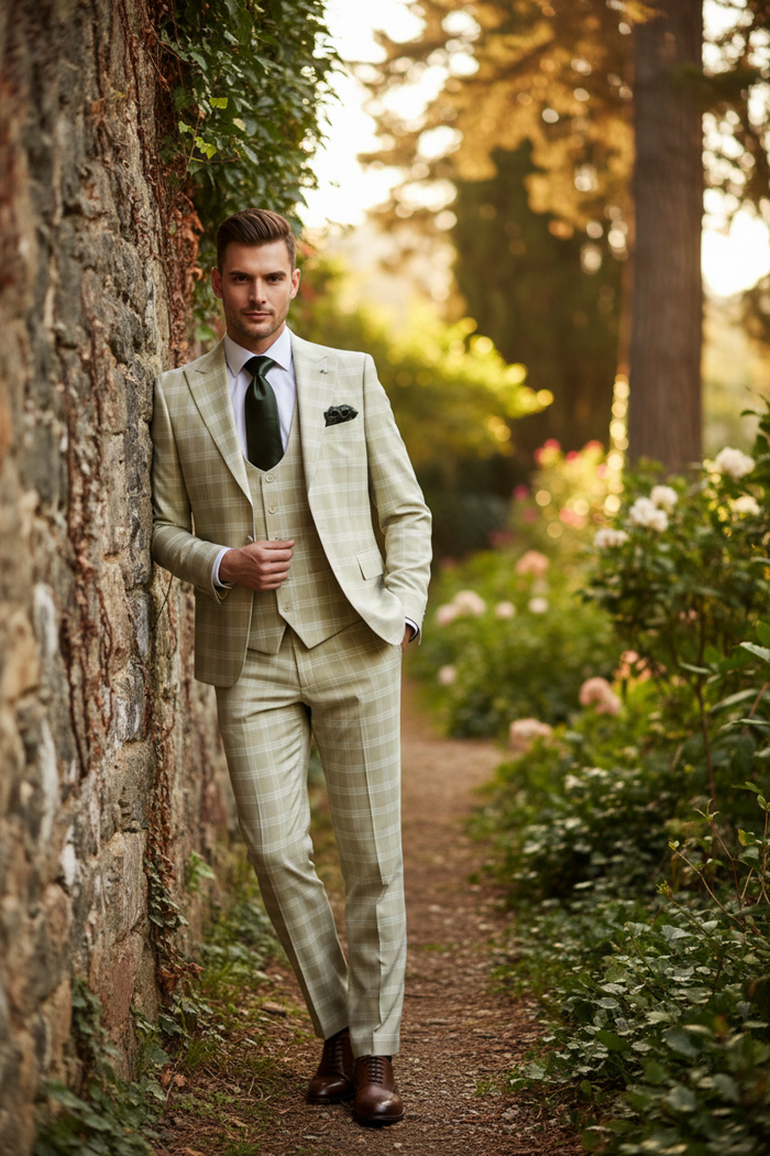 Men’s Light Beige Check 3-Piece Suit Set – Premium Tailored Fit Formal Wedding and Spring Event Suit Light Tan Sand Color By Rossiman