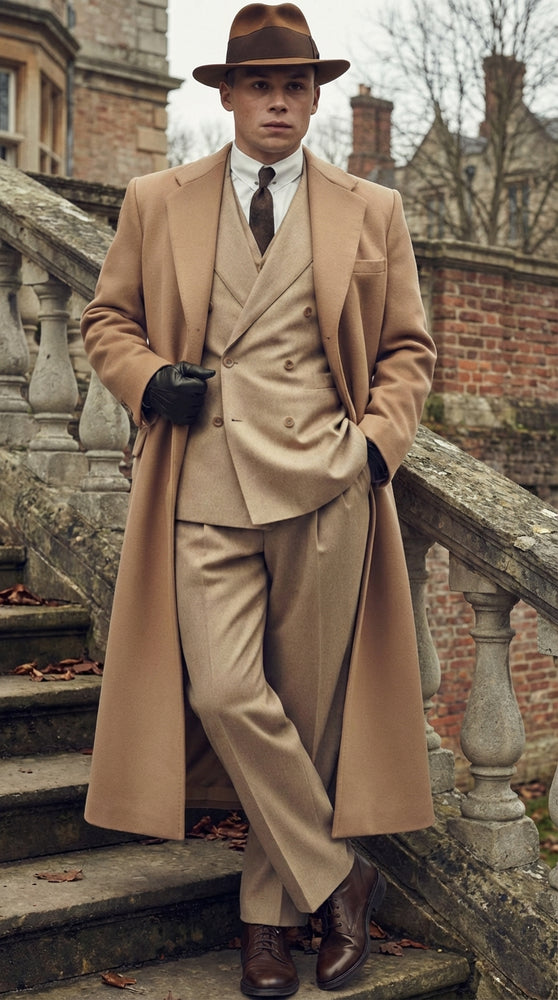 Men’s Cashmere & Wool Camel Beige Long Overcoat – Peaky Blinders Style Vintage Formal Coat + Suit + Hat Package
