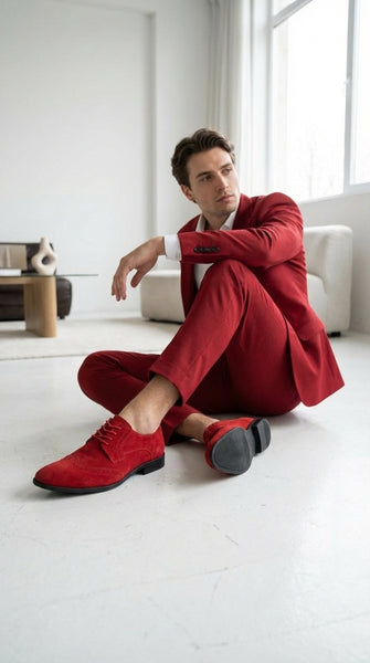 Men’s Red Suede Tuxedo Dress Shoes | Formal Lace-Up Wingtip Shoes for Wedding, Prom & Party - Velvet Shoe