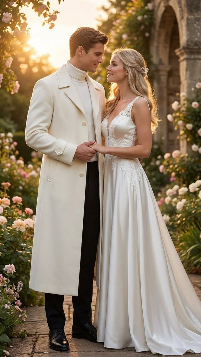 Mens Off-White Long Trench Coat – Overcoat with Classic Clean Design Duster Maxi Coat in Ivory Color