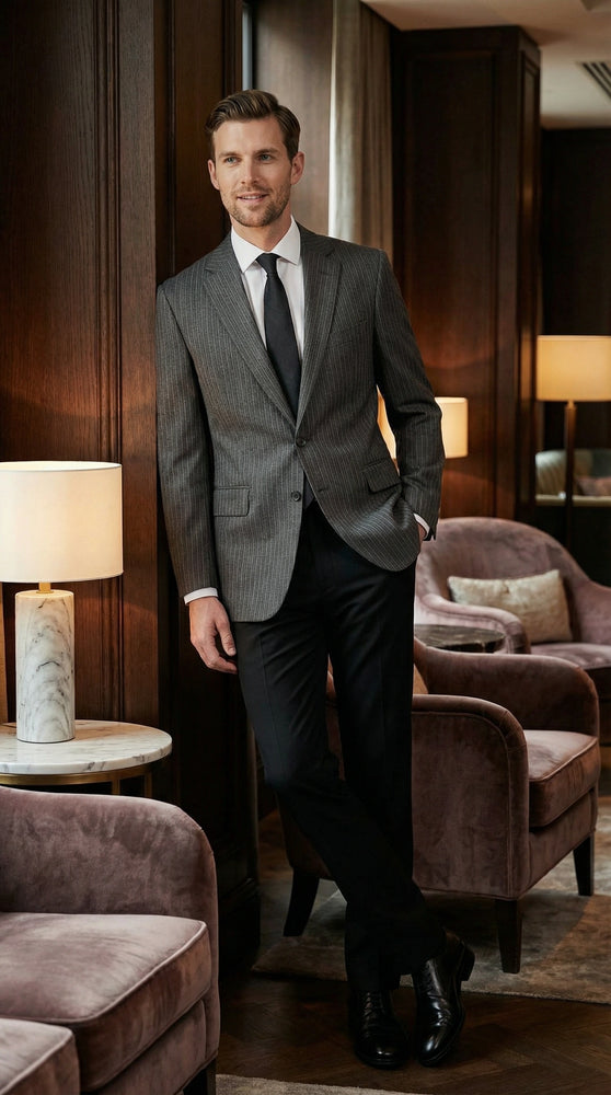 Men’s Charcoal Grey Pinstripe Blazer – Classic Tailored Formal Jacket for Business, Professional Wear Sportcoat