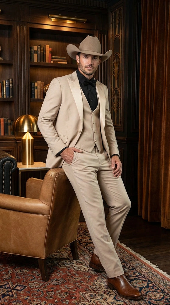 Men’s Tan Cowboy Suit – Western Formal Two Piece Suit for Weddings,  Champaign Sand Color