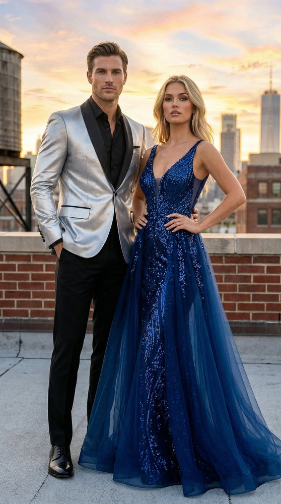 Men’s Shiny Silver Blazer with Black Lapel – Luxury Metallic Formal Jacket for Party, Evening and Special Events