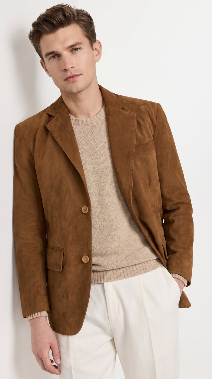 Men’s Camel Brown Suede Leather Blazer – Classic Two Button Suede Sport Coat