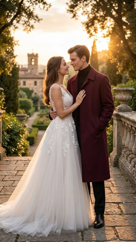 Men’s Full-Length Burgundy Overcoat – Microfiber 4 season fabric  Long Formal Coat with Classic Tailored Maxi Duster Coat