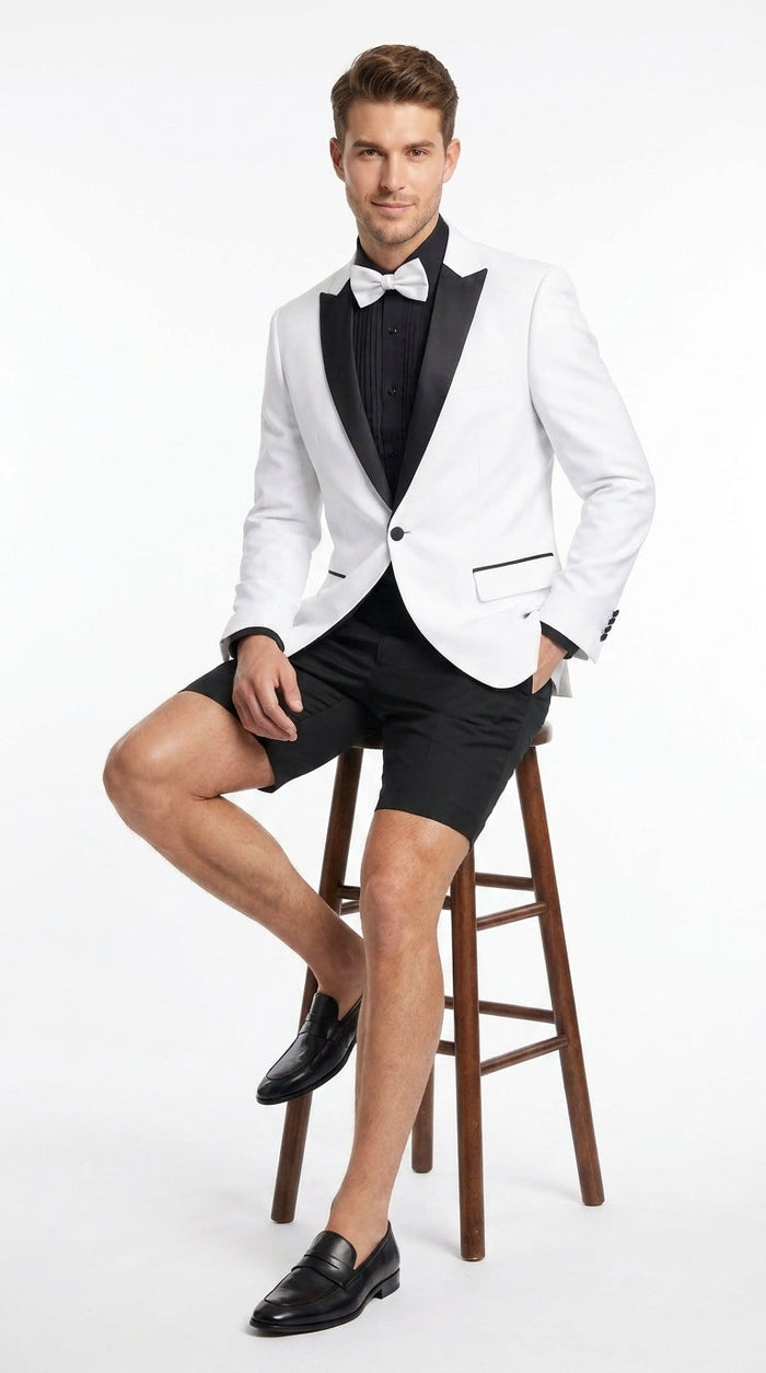 Men’s White and Black Tuxedo Suit with Shorts – Modern Formal Blazer and Short Pants Set for Wedding, Prom Suit