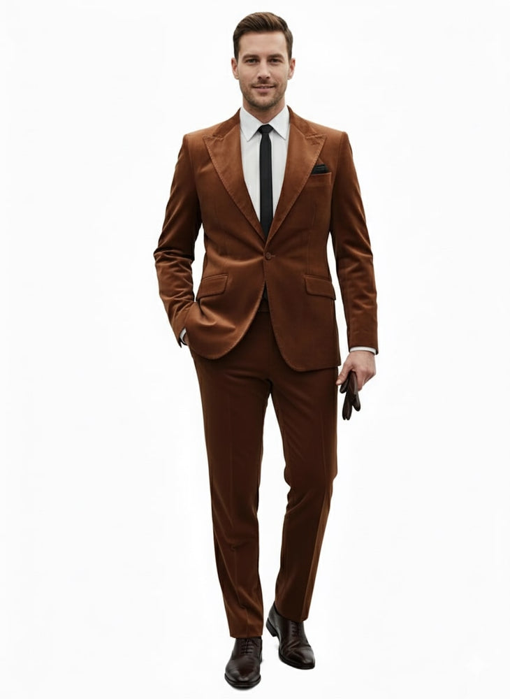 Mens Brown Velvet 2-Piece Suit – Luxury Slim Fit Formal Blazer and Pants Set in Rust Copper Color