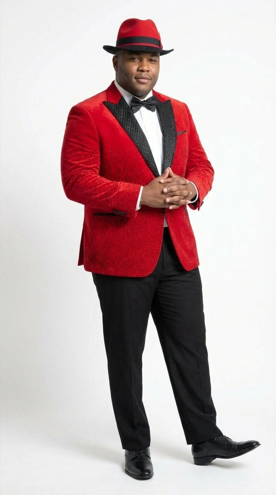 Men’s Red Velvet Fabric Rhinestone  Blazer with Matching Red and Black Hat – Christmas New Year Holiday Party Jacket Set
