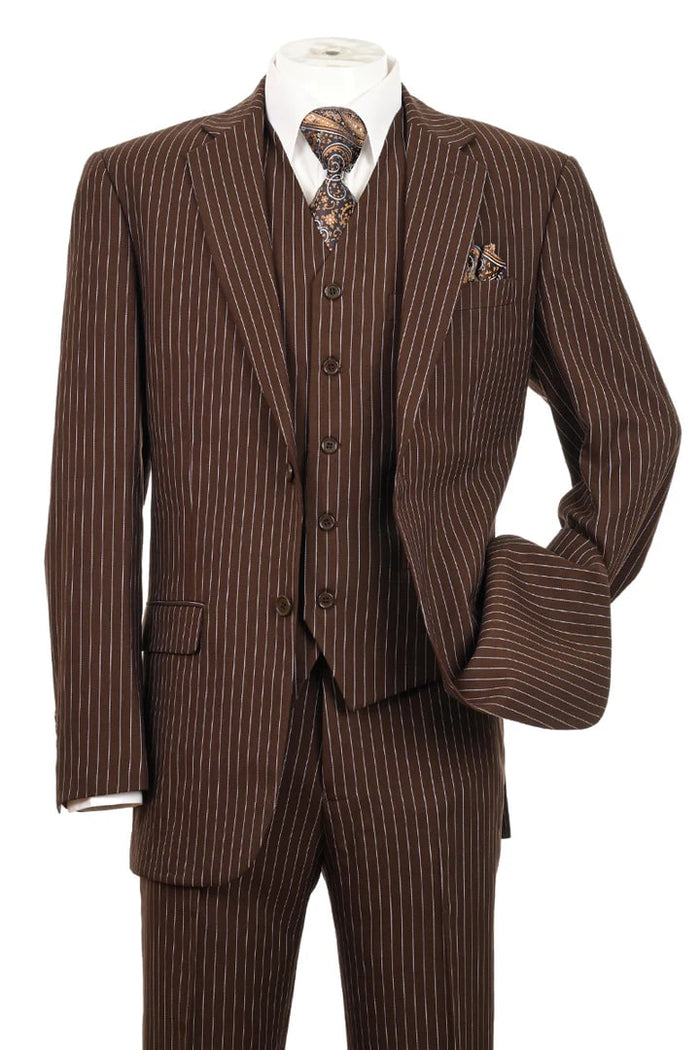 Men’s Brown Pinstripe 3-Piece Suits – Classic Business and Formal Wear with Vest