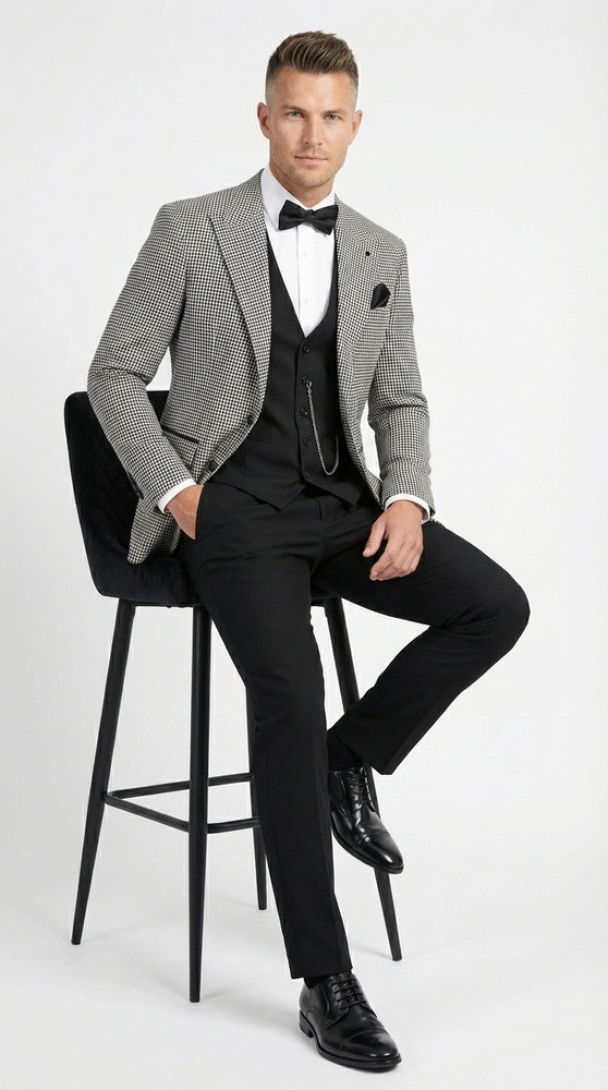 Men’s Black and White Houndstooth Gatsby Inspired Suit – Vintage Style Formal Suit for Wedding, Prom and Classic Events Blazer + Black vest + Black Pants