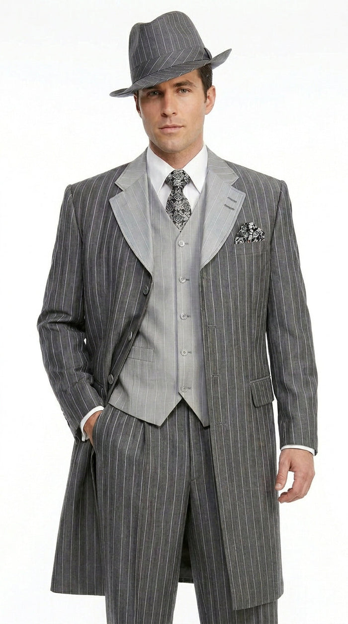 Men’s Grey Pinstripe Zoot Suit 3 Piece – 1920s Gangster Vintage Wide Lapel Suit with Vest for Wedding, Party