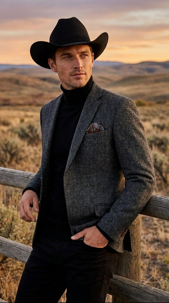 Men’s Charcoal Grey Herringbone Western Winter Blazer – Cowboy Sport Coat Jacket