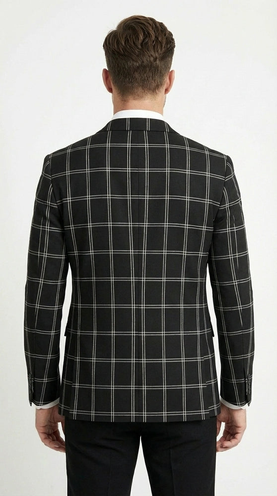 Men’s Black Windowpane Check Blazer – Black Plaid Formal Blazer Jacket for Business, Wedding and Smart Casual Style