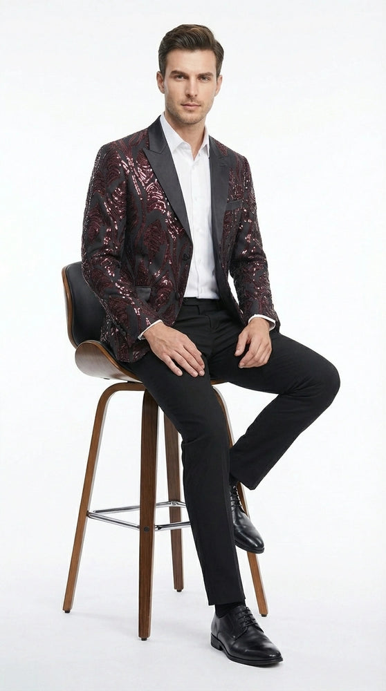Men’s Black and Burgundy Sequin Blazer – Black Sparkle Sequin Party Blazer with Burgundy Pattern for Prom, Wedding Slim Fitted