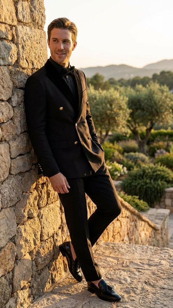 Men’s Black Double Breasted Tuxedo Suit – Luxury Formal Dinner Jacket Gold Buttons Velvet Lapel
