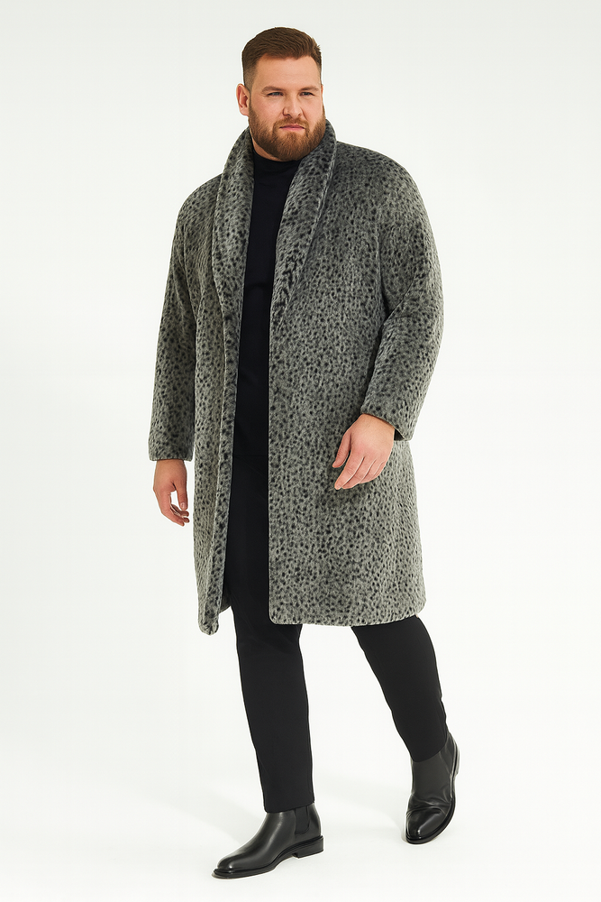 Men’s Luxury Long Grey Faux Fur Coat – Winter Overcoat with Animal Print Design