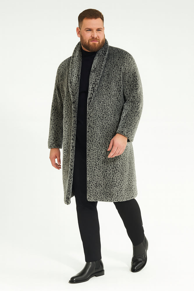 Men’s Luxury Long Grey Faux Fur Coat – Winter Overcoat with Animal Print Design