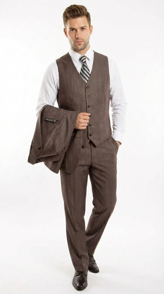Men’s Brown Sharkskin 3 Piece Suit – Textured Two Button Vested Business Formal Suit for Wedding, Party Wear Vested