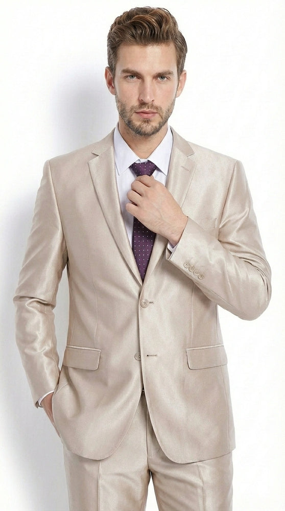 Men’s Champagne Tan Sharkskin 2 Button Suit – Shiny Formal Suit with Optional Vest for Wedding, Prom, Business Beige Color
