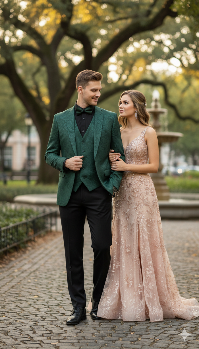 Men’s Emerald Green Paisley Tuxedo 3-Piece Suit – Slim Fit Formal Blazer, Vest, and Pants for Weddings, Proms