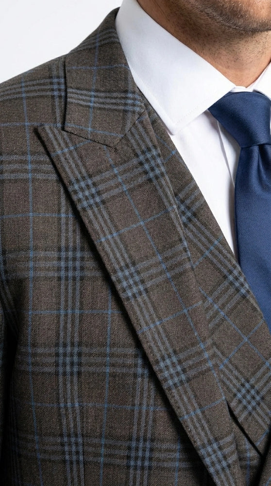 Vitali Men’s Brown Grey with Blue Check 3 Piece Suit – Classic Plaid Formal Suit Set with Blazer, Vest & Trousers, Business Wedding Party Wear for Men Slim Fit
