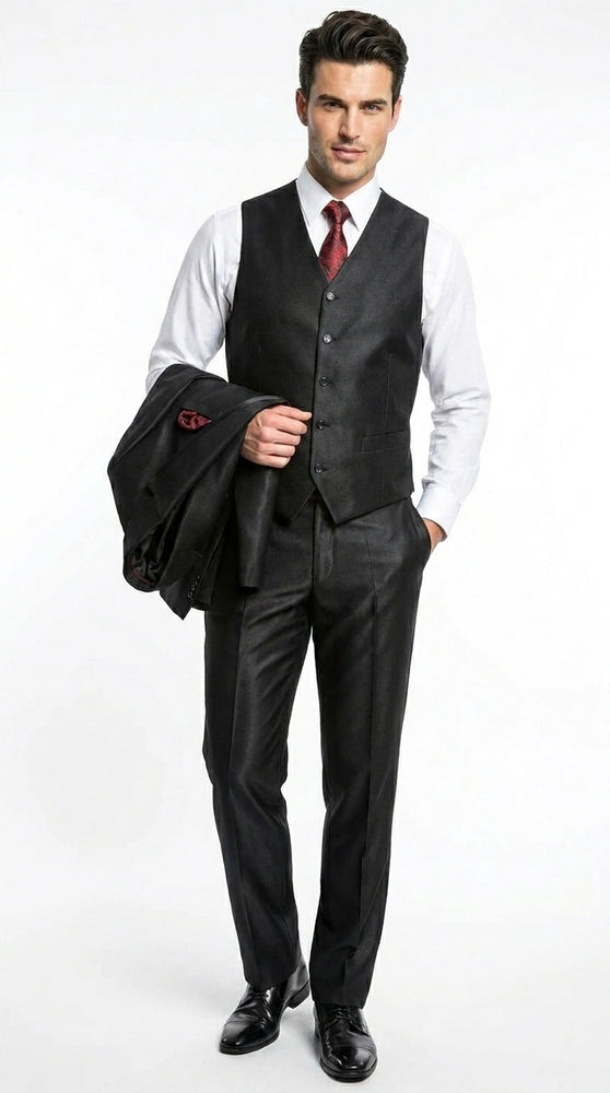 Men’s Black Shiny 3 Piece Tuxedo Groom Suit, Formal Vest Suit for Weddings, Prom, Black Tie Events, Black Lapel