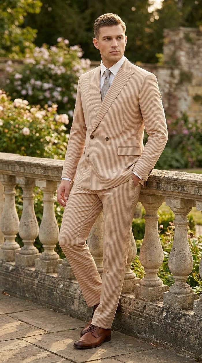 Vitali Men’s Tone on Tone Beige Pinstripe 2 Piece Suit, Double Breasted Summer Dress Suit for Weddings, Tan Beige Shadow Pinstripe