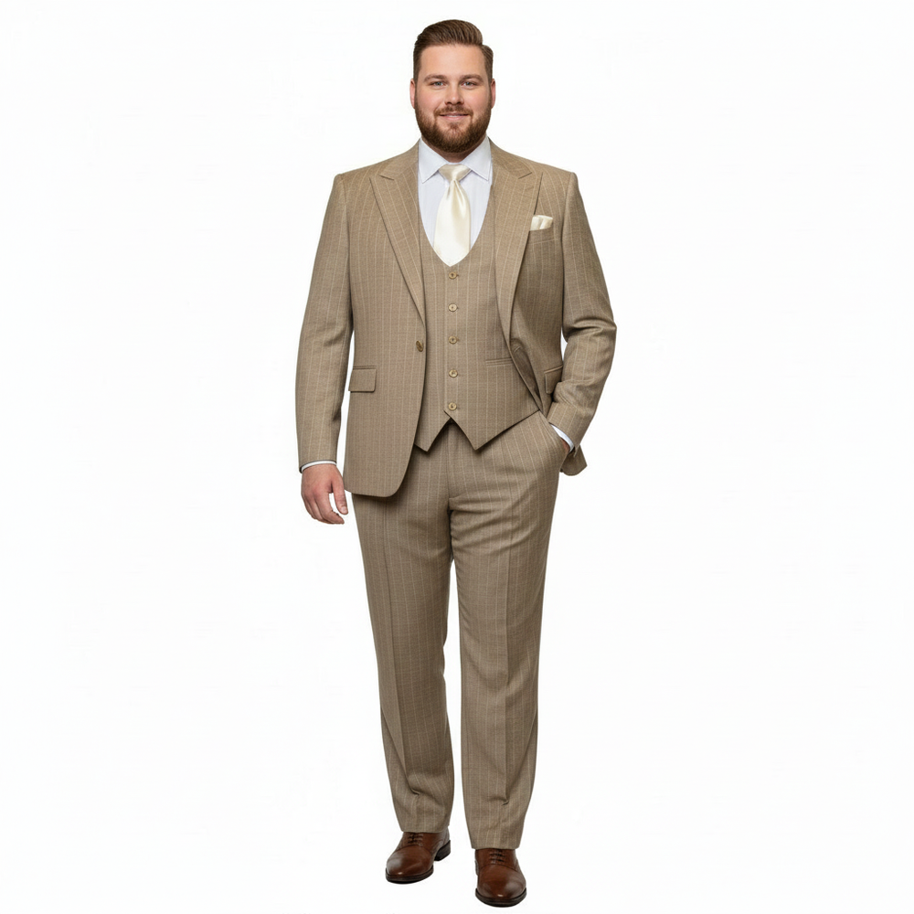 Men’s Beige Pinstripe Three-Piece Suit – Classic Fit Formal Suit with Vest and Flat-Front Pants in Tan Stripe By Rossiman