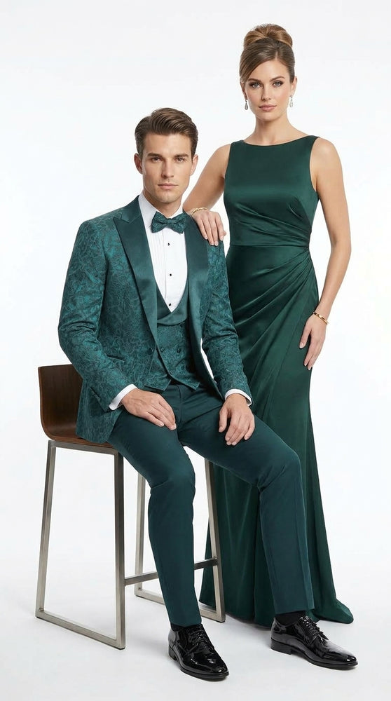 Men’s Hunter Green Paisley Tuxedo – 3 Piece Prom & Wedding Suit with Matching Bow Tie