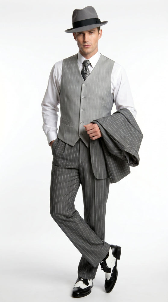 Men’s Grey Pinstripe 1920s Gangster 3 Piece Suit, Contrast Lapel Vintage Formal Suit for Parties, Prom, Weddings, and Theme Events
