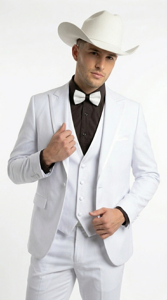 Men’s White Western Cowboy 3 Piece Tuxedo Suit, Formal Wedding Prom Groom Suit Set