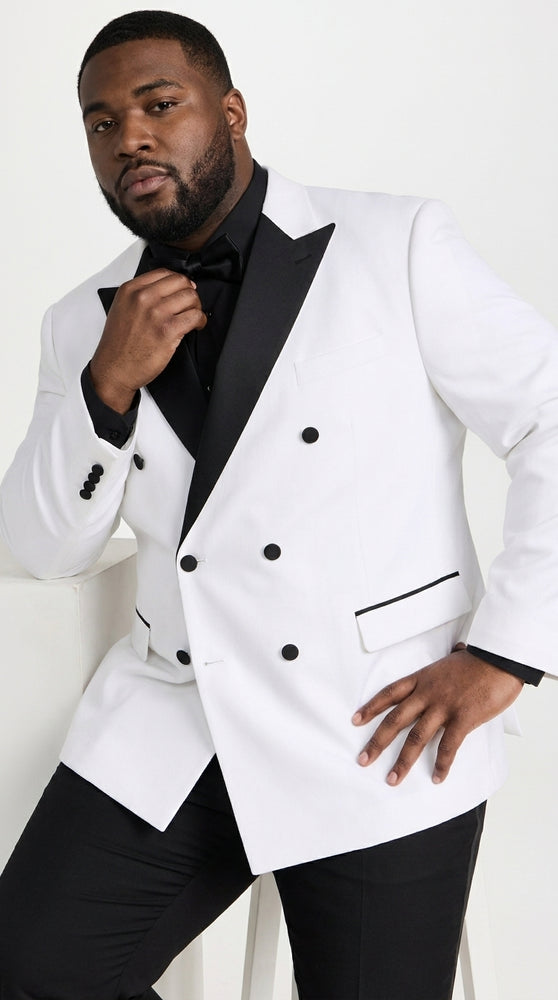 Men's White Double Breasted Tuxedo Dinner Jacket – Black Satin Peak Lapel Formal Wedding, Prom & Party Blazer
