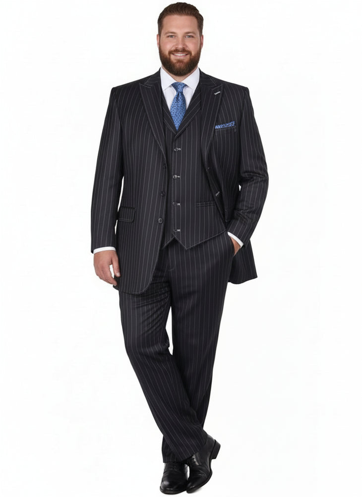 Men's Three Button Suits -  Navy Blue Pinstripe Three-Piece Suit – Classic Business and Formal Wear with Tailored Fit
