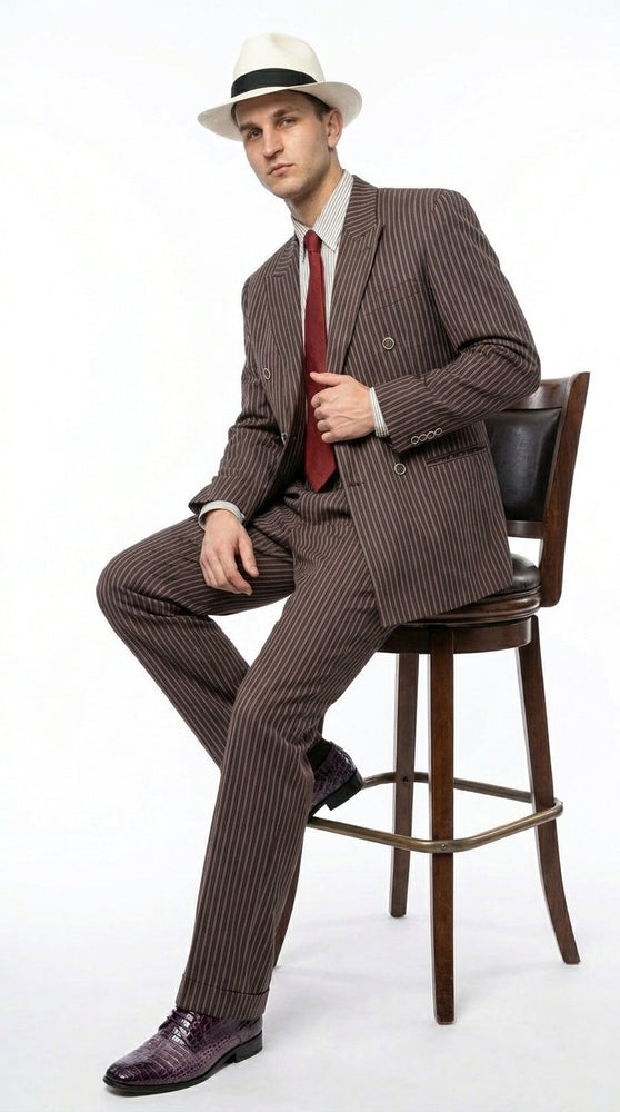 Men’s Brown Pinstripe Bonnie and Clyde Costume Suit – Vintage Gangster 1920s Outfit for Party, Halloween and Themed Events