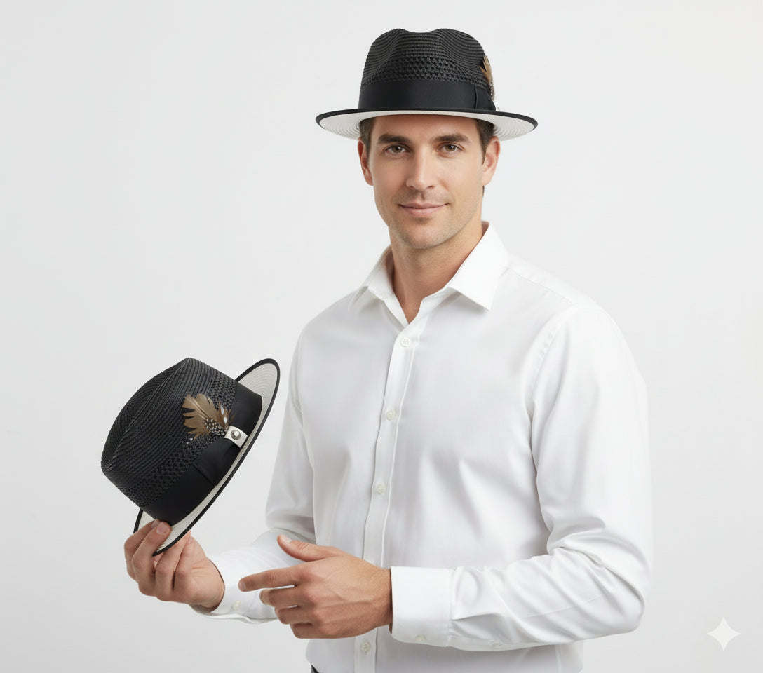 Men’s Two-Tone Black and White Fedora Hat with Feather Accent – Stylish Summer Dress Hat