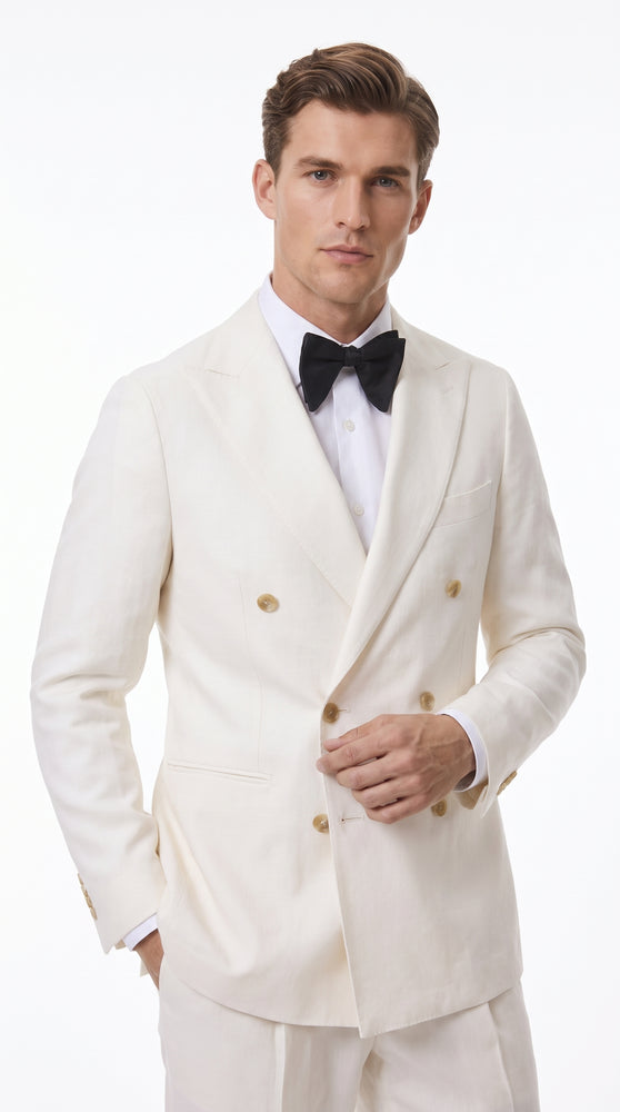Men’s Ivory Double-Breasted Tuxedo – Gold Button Wedding, Prom and Formal Suit
