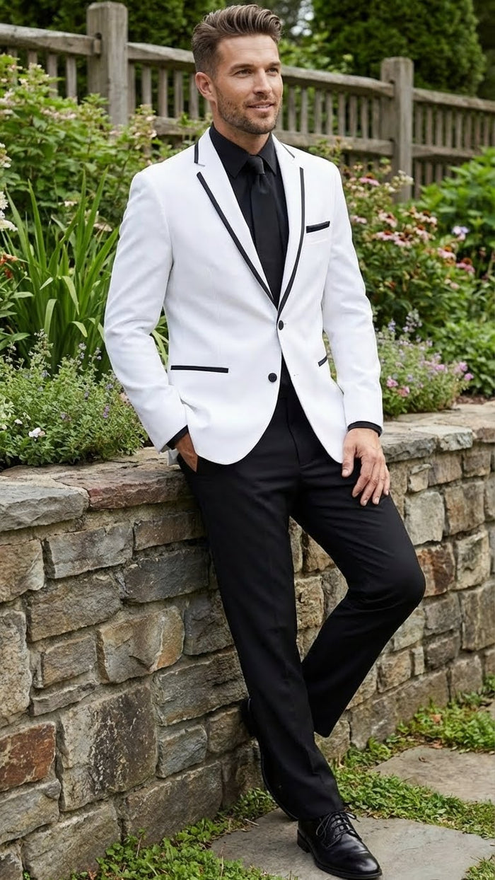 White With Black Skinny Fitted Slim Fit Cut Tuxedo Blazer