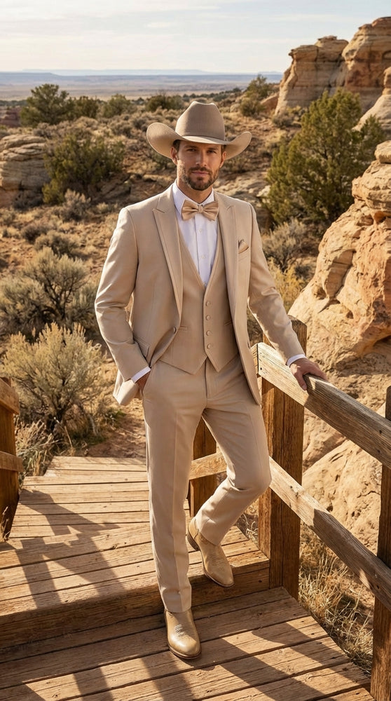 Mens Beige Tan Khaki CowboyTuxedo Suit – Western Formal Three Piece Suit with Jacket Vest and Pants