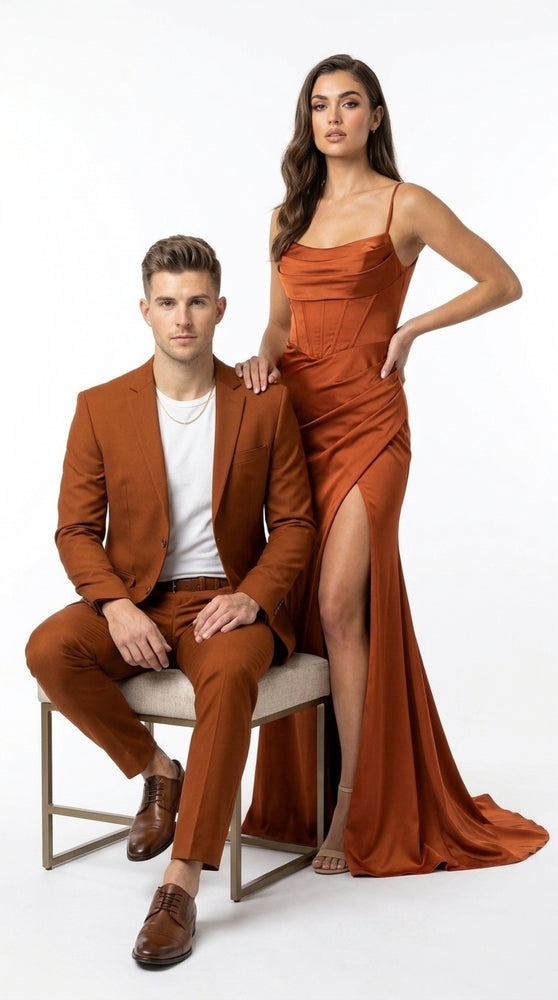Men’s Burnt Orange Modern Fit Suit – Slim Fit Wedding, Prom and Formal 2-Piece Suit Copper Brick Color