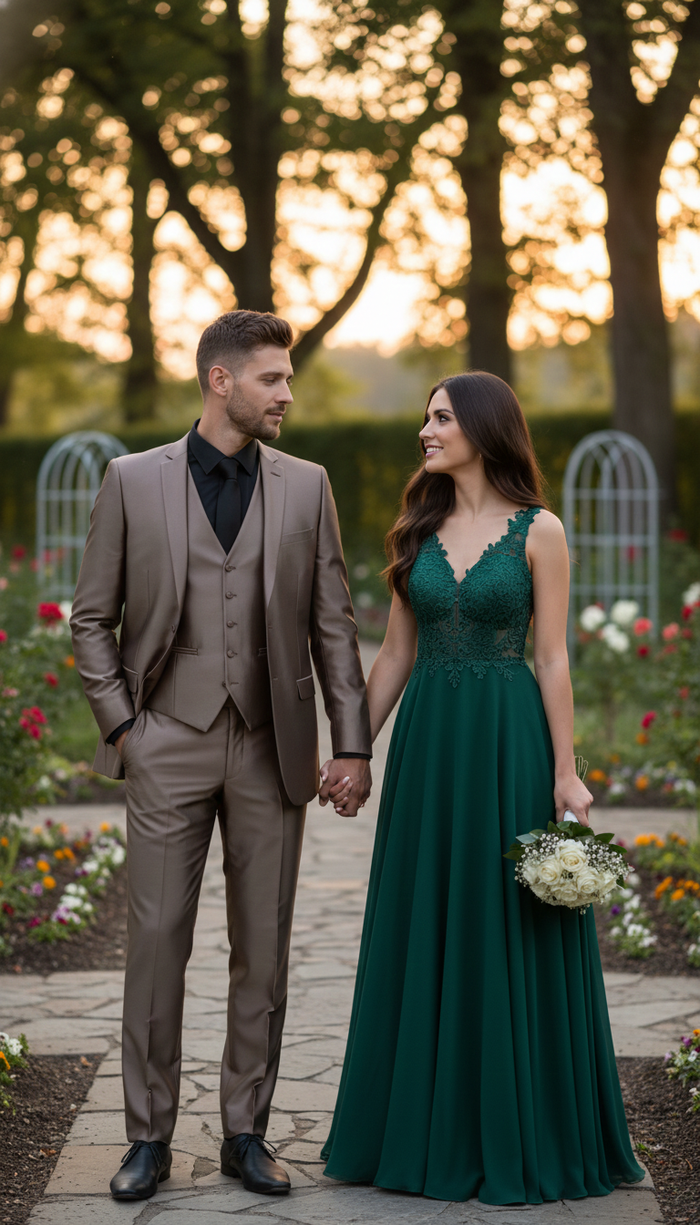 Men’s Sateen Shiny Metallic Mocca Taupe Gold Bronze 3-Piece Suit Set – Shiny Finish slim Fit Formal and Party Suit