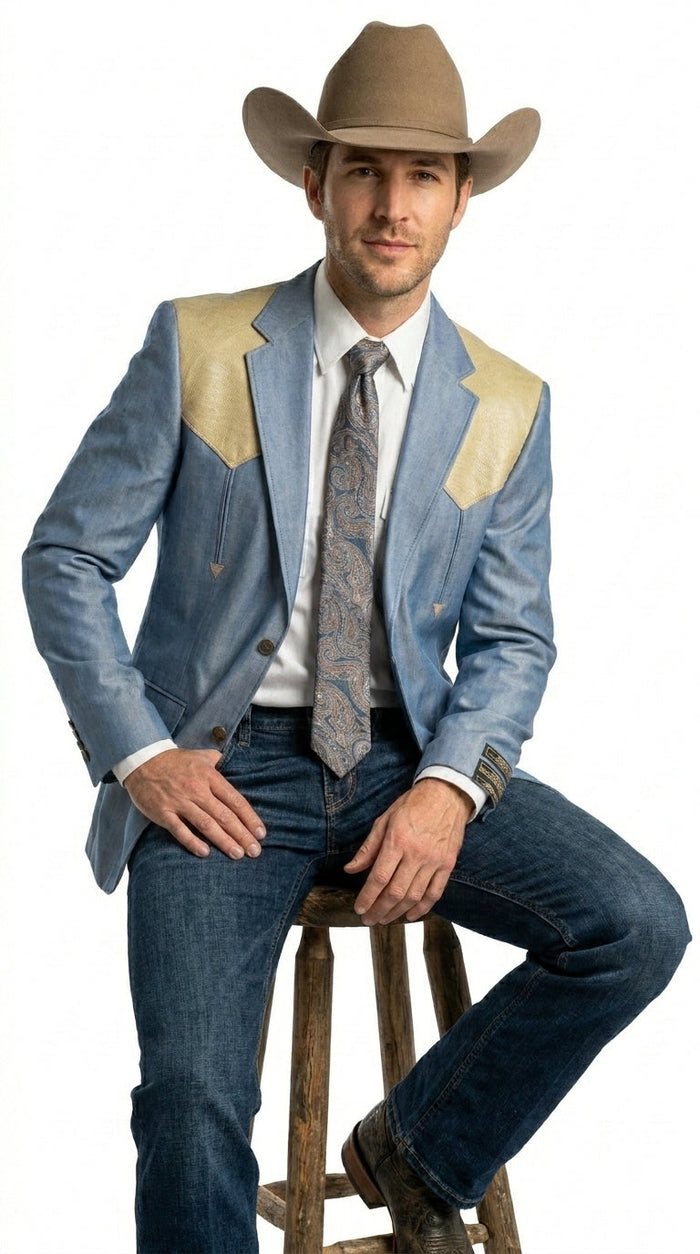 Men’s Steel - Light Blue and Off White Cream Color Western Cowboy Blazer – Shiny Country Style Dress Jacket for Rodeo Saco De Hombre Vaquero