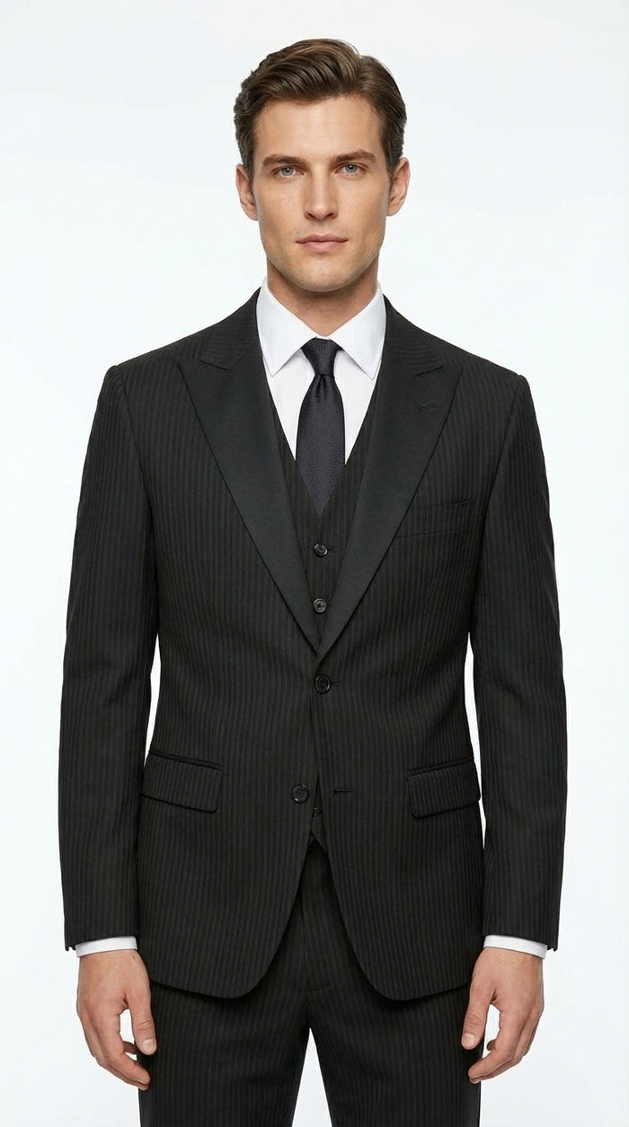 Vitali Mens Black Tone on Tone Shadow Stripe Vested Suit Set – 3 Piece Modern Fit Pinstripe Two Buttons